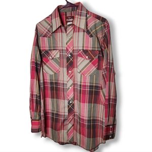 Vintage Wrangler Pearl Snap Button Red Plaid Collared Shirt Longsleeve Size M